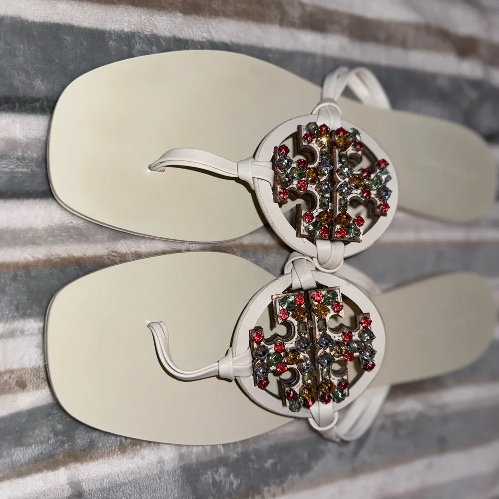 Tory Burch-Miller Sandals in Cream/White w/Colorful Embellishments-Size 10 - Picture 2 of 9